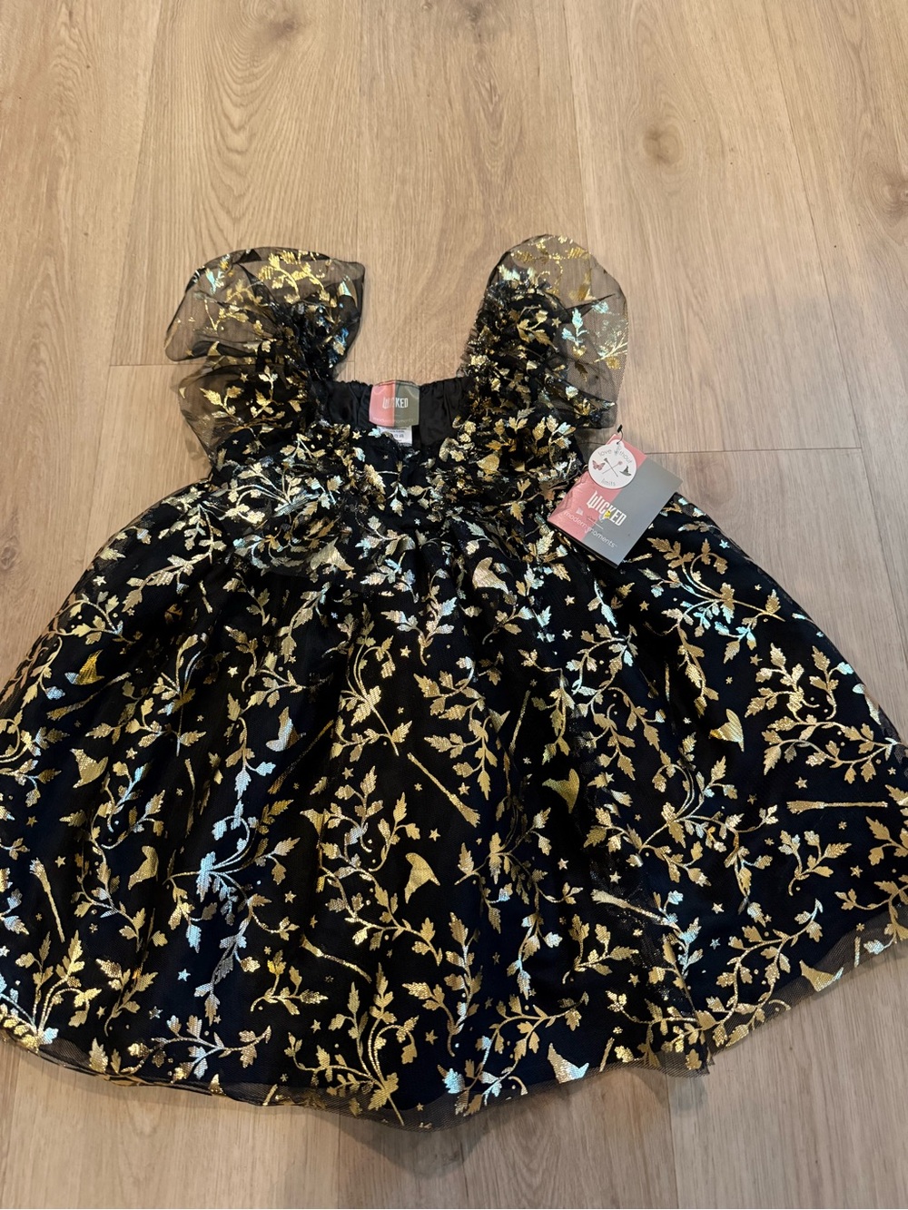 Girls Wicked Black and Gold Metallic Floral Party Dress 3T